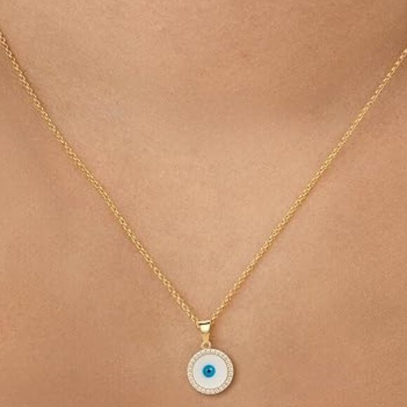 Neiman Marcus 14K Gold Plated Blue Evil Eye Mother of Pearl CZ Necklace - Picture 2 of 3